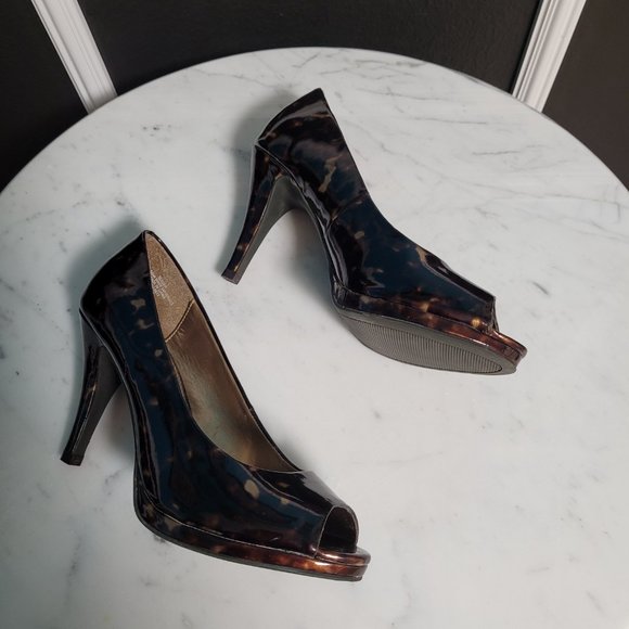 Sam & Libby Brown/Gold Patent Tortoise Peep Toe Pumps size 7 - Picture 3 of 8